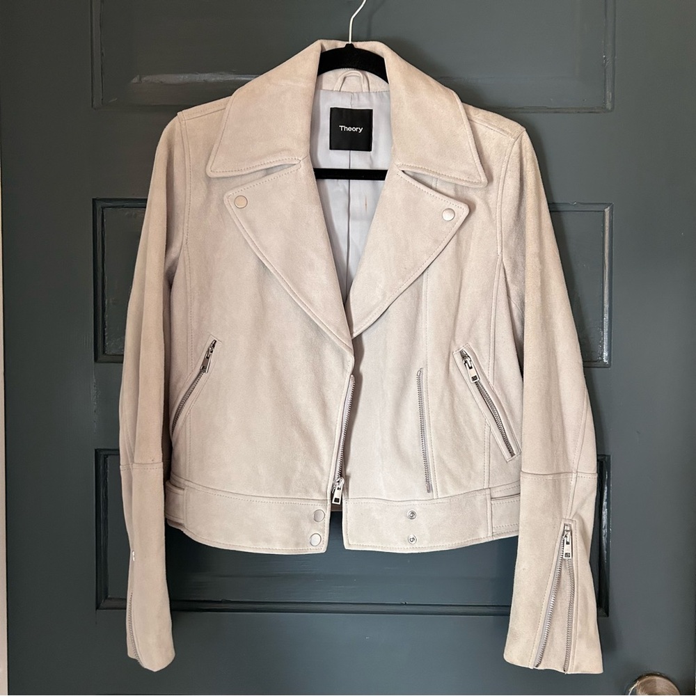 Theory Suede Downtown Moto Jacket Silver Mist size Small